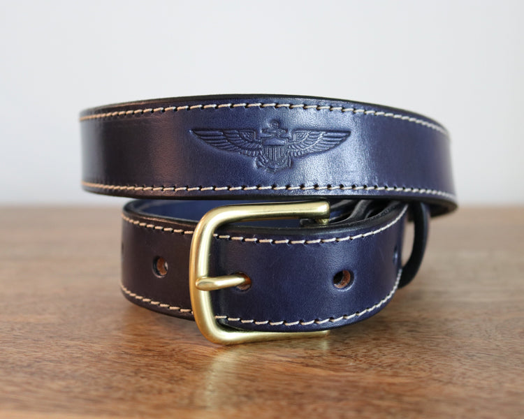 Handcrafted Leather belt featuring debossed Naval Aviator or Naval Flight Officer insignia. Made in Matthews, NC.